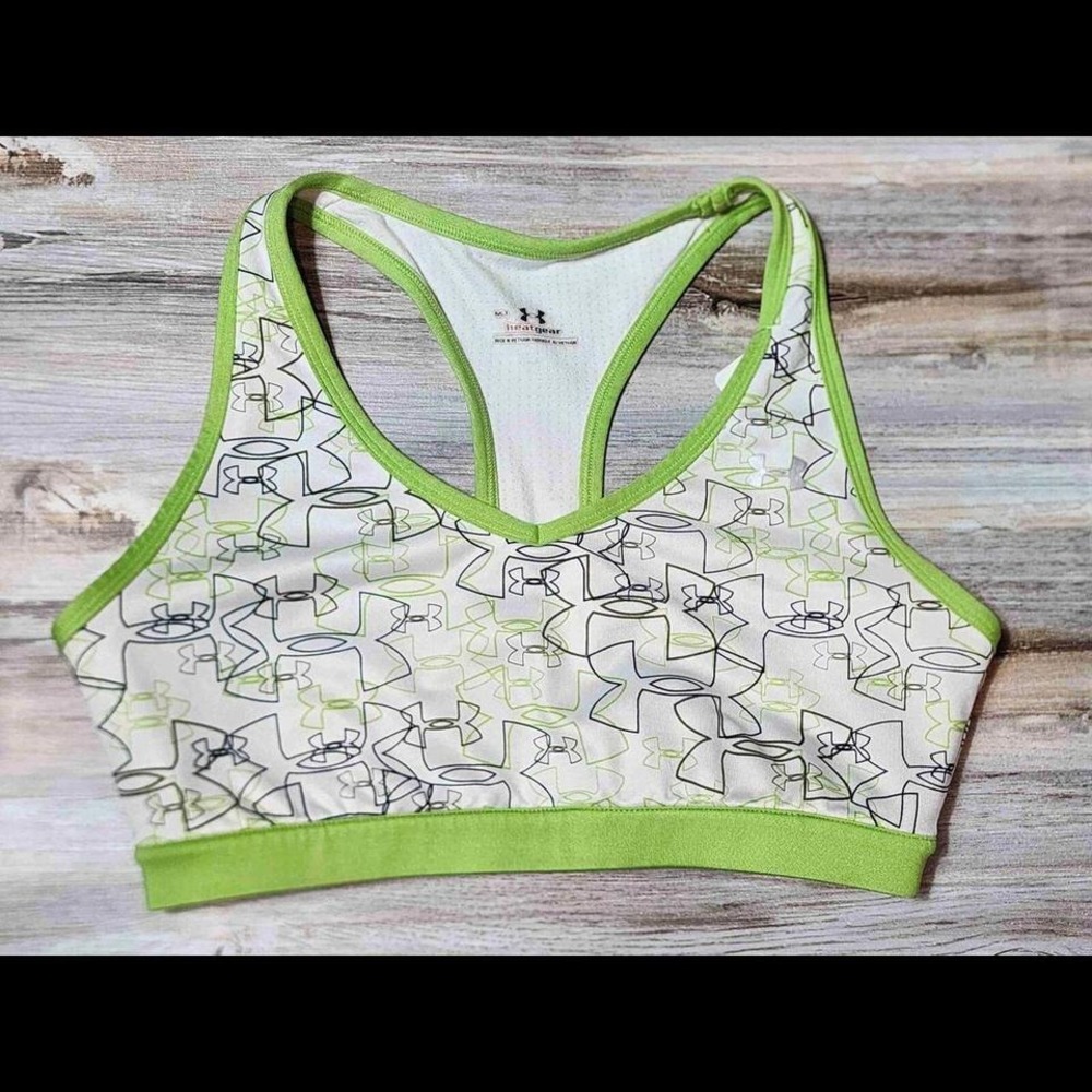 Under Armour HeatGear‎ Sports Bra Womens Medium White Lime Green Logo Racerback